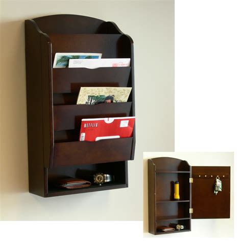 The wall-mounted mail sorter contains 2 compartments for storing mail and letters, and 4 double-pronged hooks for hanging keys, coats, handbags, and purses. . Wall mounted mail organizer